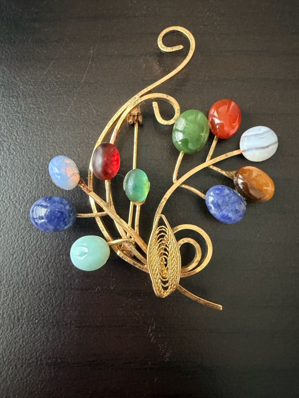 Vintage Gold filagree Multicolor Stone Floral Brooch